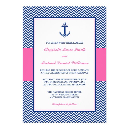 Nautical Chevron Anchor Blue Pink Wedding Announcement (front side)