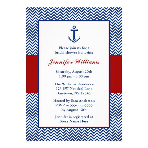 Nautical Chevron Anchor Blue Red Bridal Shower Custom Announcements