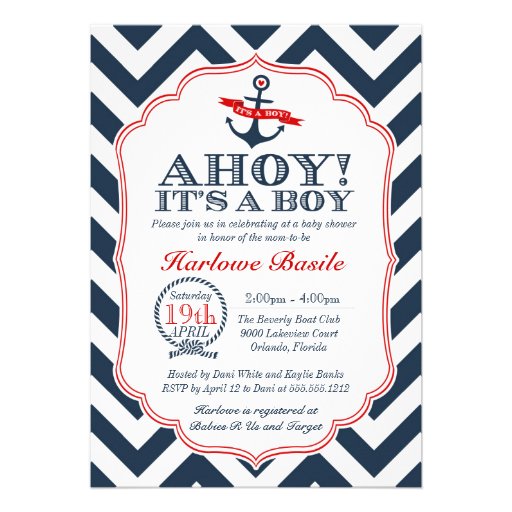 Nautical Chevron Baby Boy Shower Invitation Red (front side)