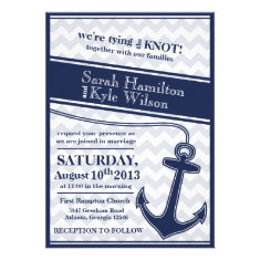 Nautical chevron navy blue wedding invitation