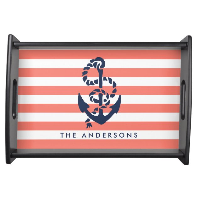 Nautical Coral Stripe & Navy Anchor Personalized Serving Platters