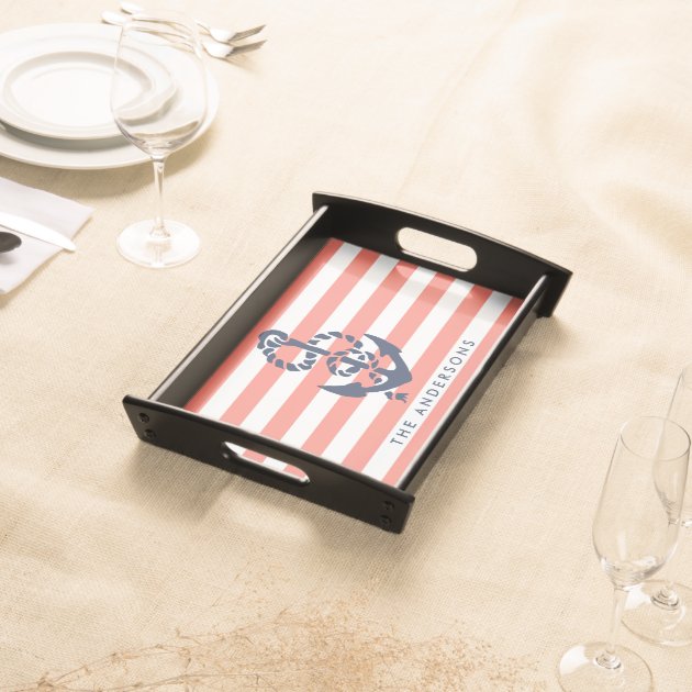 Nautical Coral Stripe & Navy Anchor Personalized Serving Platters