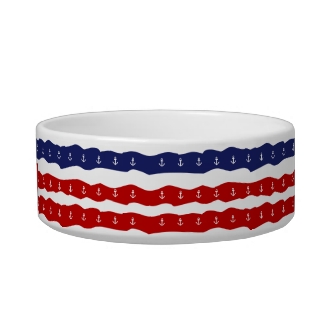 Nautical Dog Bowl Red White and Blue Anchors Waves