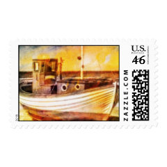 Nautical Fishing Boat on Beach at Sunset Ocean Art Postage Stamp
