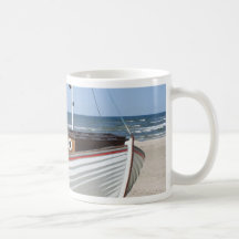 Nautical Fishing Boat sitting on Sandy Ocean Beach Coffee Mugs