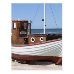 Nautical Fishing Boat sitting on Sandy Ocean Beach Postcard