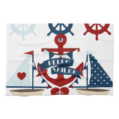 Nautical Hello Sailor Anchor Sail Boat Design Kitchen Towel
