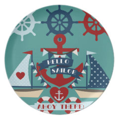 Nautical Hello Sailor Anchor Sail Boat Design Dinner Plates