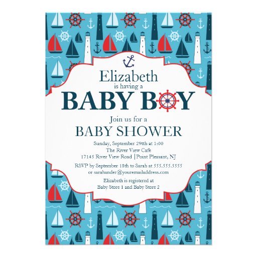 Nautical Lighthouse Sailboat Boys Baby Shower Personalized Invitation