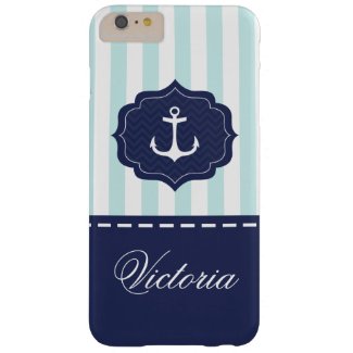 Nautical Mint Navy Blue Anchor Custom Name Barely There iPhone 6 Plus Case