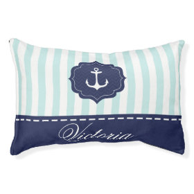Nautical Mint Navy Blue Anchor Custom Name Small Dog Bed