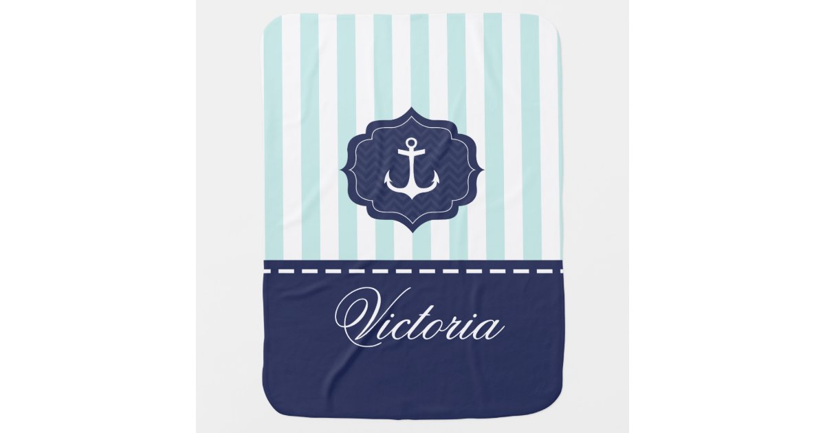 Nautical Mint Navy Blue Anchor Custom Name Receiving Blanket Zazzle