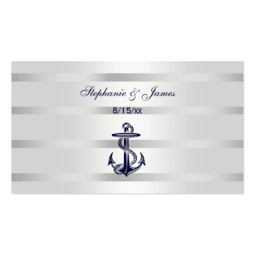 Nautical Navy Blu Anchor Silver Wht Escort Cards Business Card Template (front side)