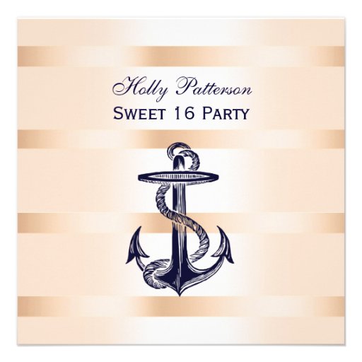 Nautical Navy Blue Anchor Baby Pink BG SQ Sweet 16 Personalized Invitation (front side)