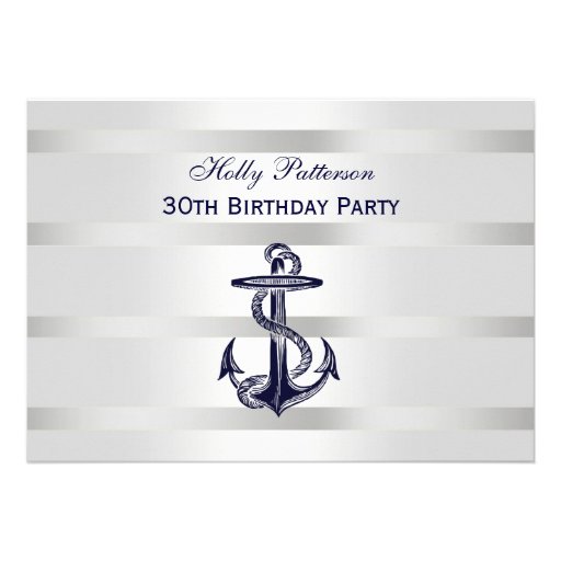 Nautical Navy Blue Anchor Silver Wt BG H Birthday Custom Invitation