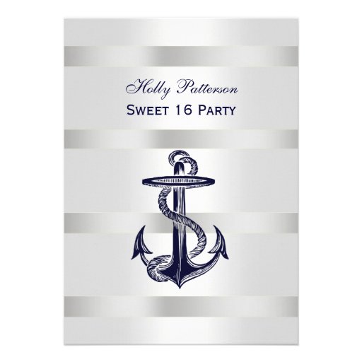 Nautical Navy Blue Anchor Silver Wt BG V Sweet 16 Invitations