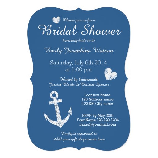 Nautical navy blue bridal shower invitations invites (front side)
