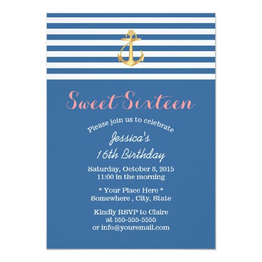 Nautical Navy Blue Gold Anchor Sweet 16 Personalized Invitation (front side)