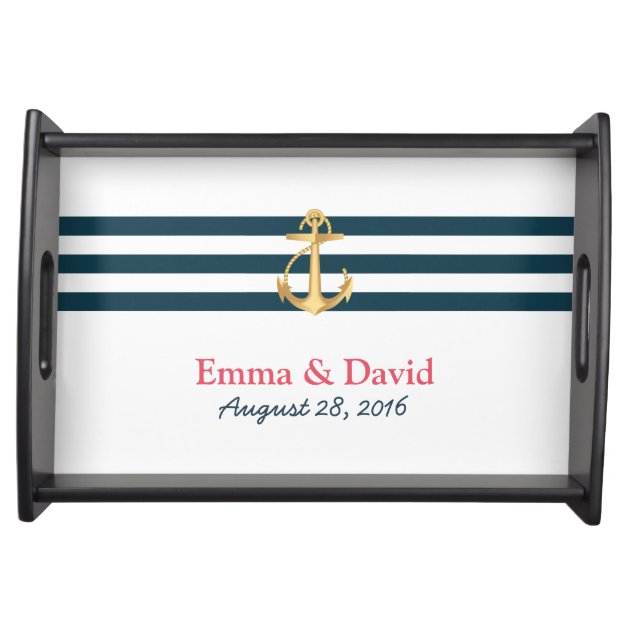 Nautical Navy Blue Stripes Gold Anchor Wedding Service Tray