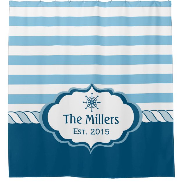 Nautical Navy Blue Stripes Helm Logo Personalized Shower Curtain