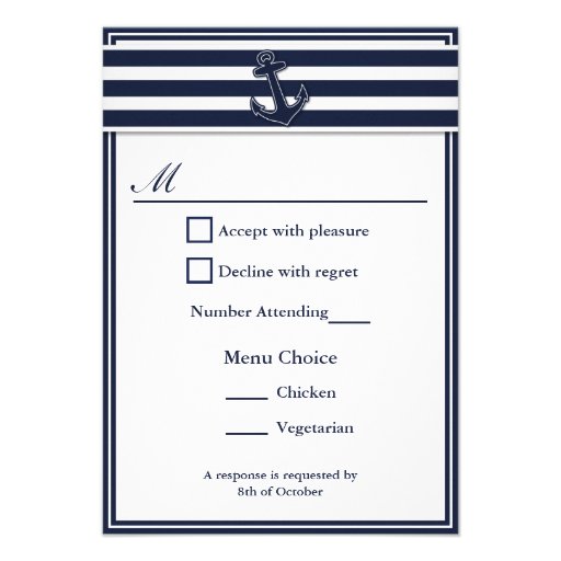 Nautical Navy Blue Swallows RSVP 2 Menu Choice Invite from Zazzle.