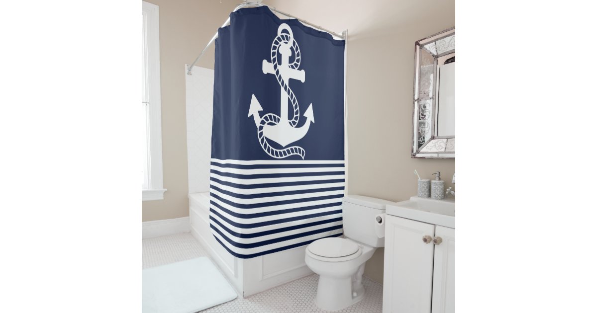 Nautical Navy Blue White Stripes and Blue Anchor Shower