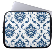 Nautical Navy Blue White Vintage Damask Pattern laptop sleeves