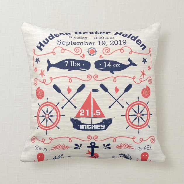 Nautical Navy Coral Boy Nursery Baby Birth Stat Pillow