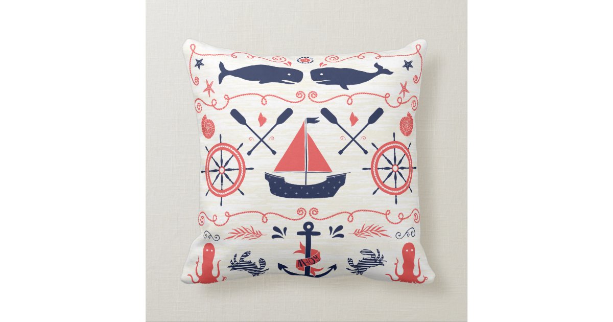 Nautical Navy Coral Boy Nursery Baby Birth Stat Throw Pillow Zazzle