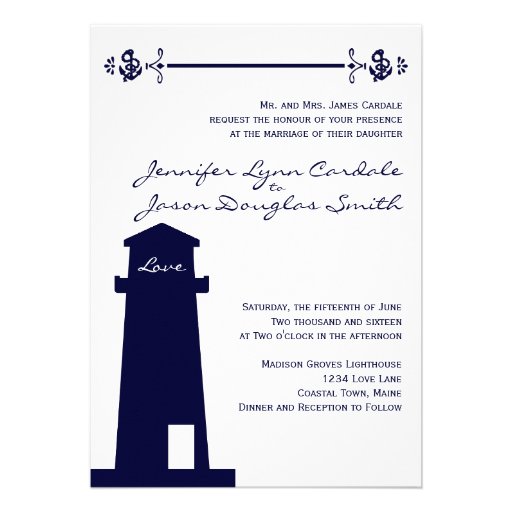 Nautical Navy Lighthouse Anchor Wedding Invitation