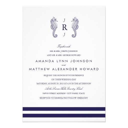 Nautical Navy Seahorse Wedding Invitation (front side)