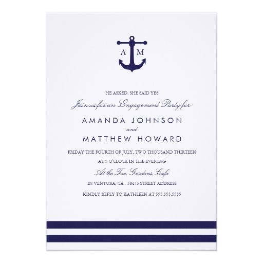 Nautical Navy Wedding Engagement Party Invite (front side)