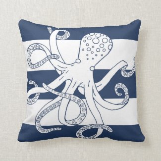 Nautical Octopus Blue Stripe Throw Pillow