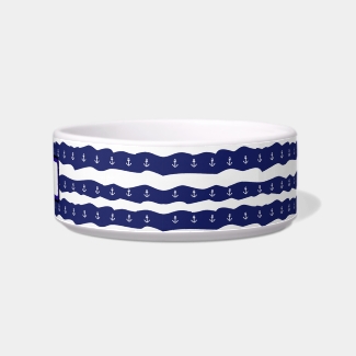 Nautical Pet Bowl White Anchors Blue Waves Custom