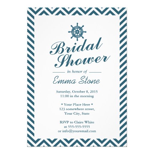 Nautical Rudder Blue Chevron Stripes Bridal Shower Custom Invites