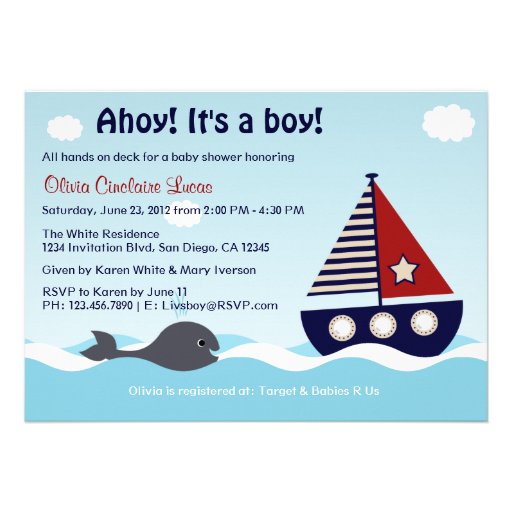 Nautical Sailboat Baby Boy Baby Shower Invitation (front side)