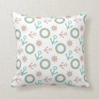 Nautical Sea Green And Tan Anchor Pattern Pillow
