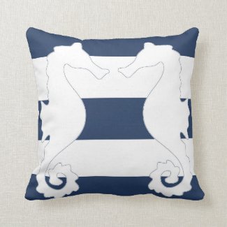 Nautical Sea Horses Blue Stripe Throw Pillow