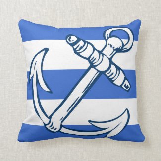 Nautical Ship Anchor Blue Stripe Throw Pillow