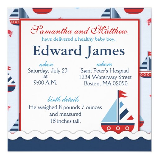 Nautical Ships Ahoy! Birth Announcement SQ
