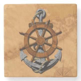 Nautical Ships Wheel And Anchor Stone Beverage Coaster