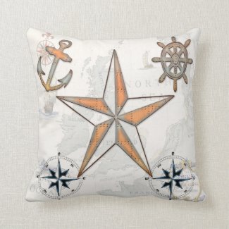 Nautical Star Anchor Ships Wheel Throw Pillow