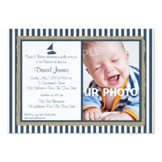 Nautical Stripe and Sailboat Baptism 5x7 Paper Invitation Card