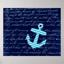 Nautical Striped blue anchor art poster