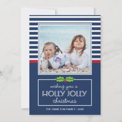 Nautical Stripes Holly Jolly Christmas Flat Card