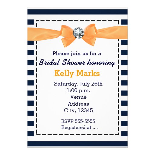 Nautical stripes navy orange bow bridal shower personalized announcements