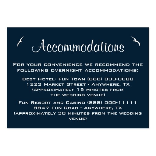 Nautical Wedding Accommodation - Reception Cards Business Cards (front side)