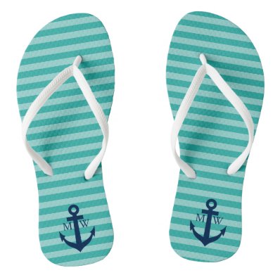 Nautical wedding monogram striped beach flip flops