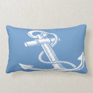 Nautical White Ship Anchor on Blue Lumbar Pillow