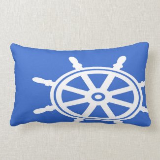 Nautical White Ships Wheel on Blue Lumbar Pillow